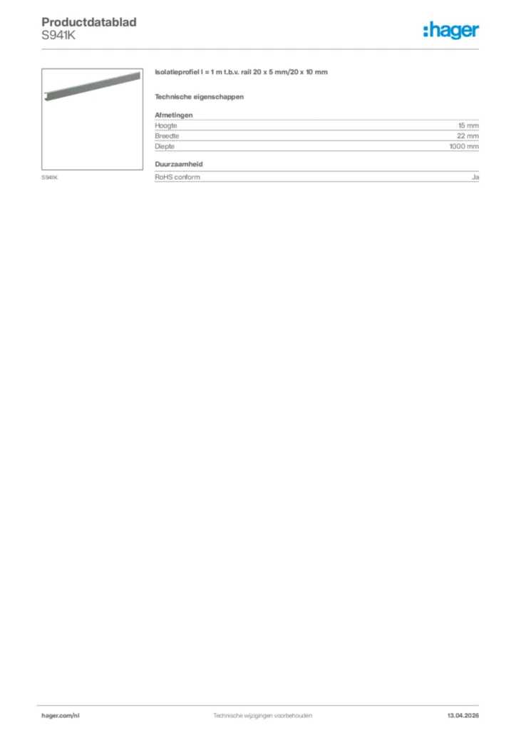 Afbeelding Hager Productdatablad S941K | Hager Nederland