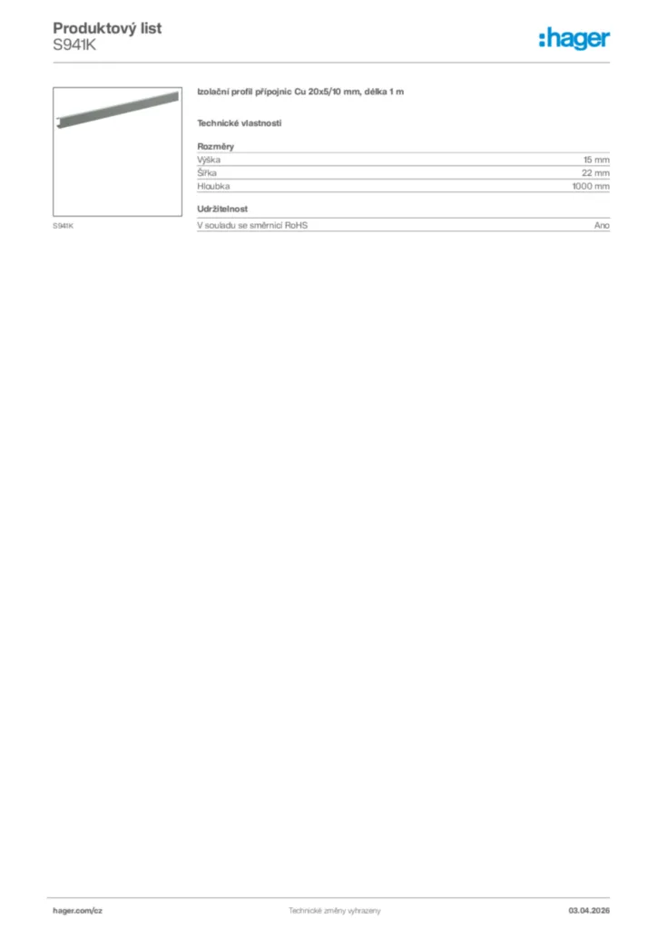 Obrázek Hager Product data sheet S941K | Hager