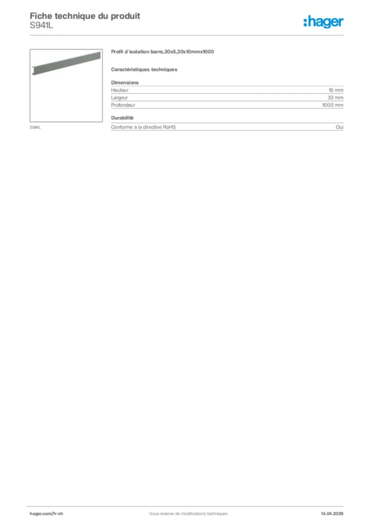 Image Hager Fiche technique du produit S941L | Hager Suisse