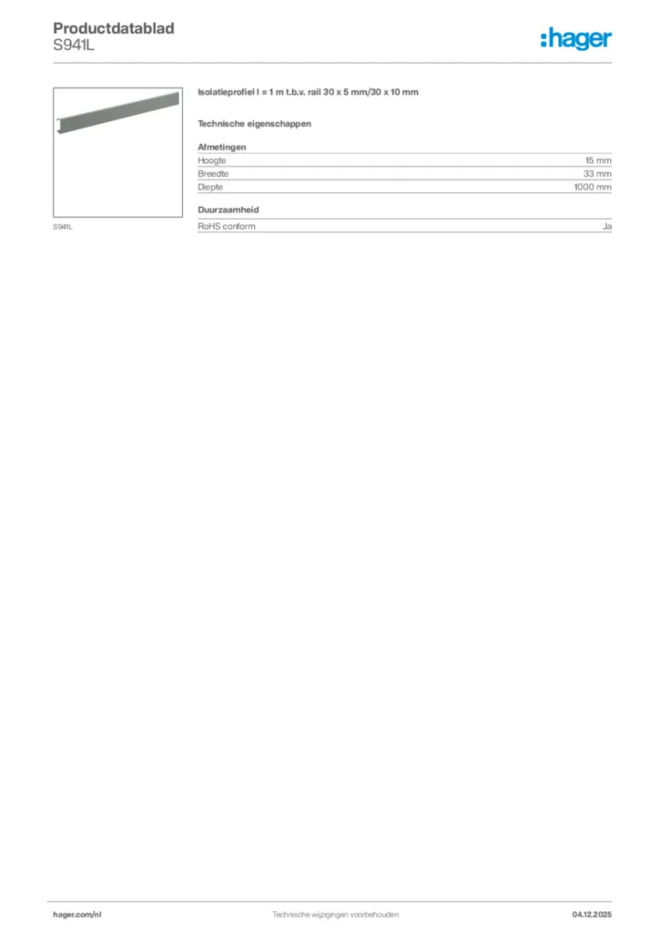 Afbeelding Hager Productdatablad S941L | Hager Nederland