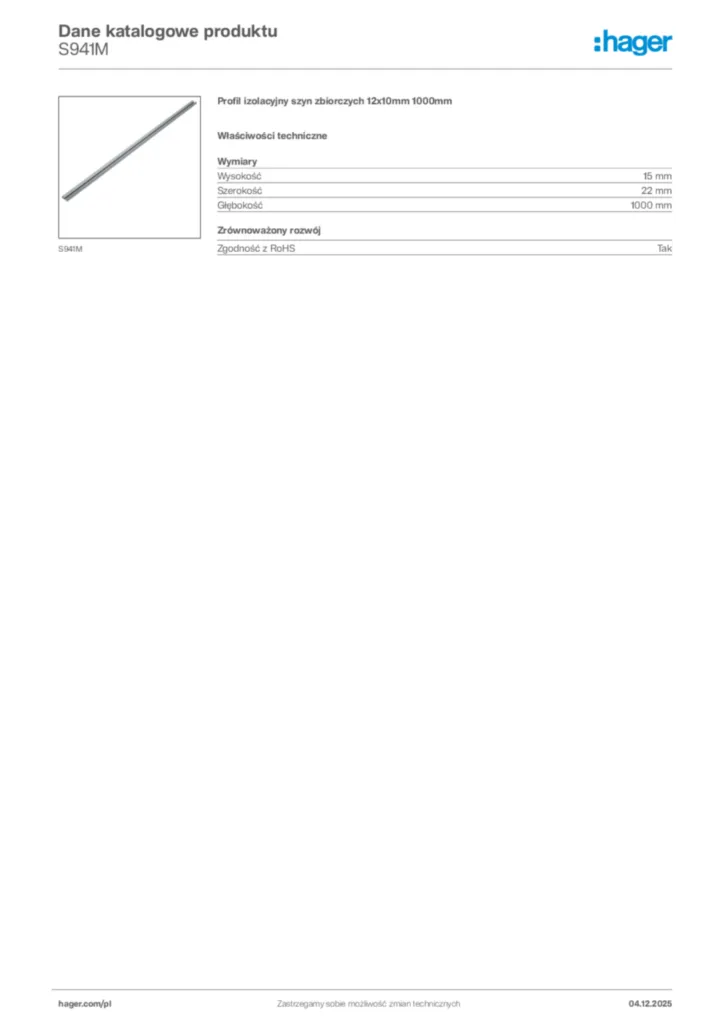 Zdjęcie Hager Dane katalogowe produktu S941M | Hager Polska