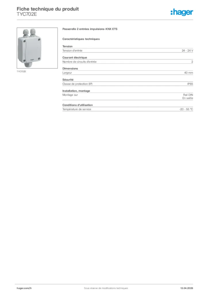 Image Hager Fiche technique du produit TYC702E | Hager France