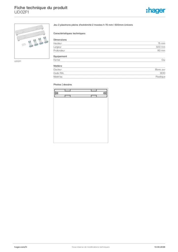 Image Hager Fiche technique du produit UD02F1 | Hager France