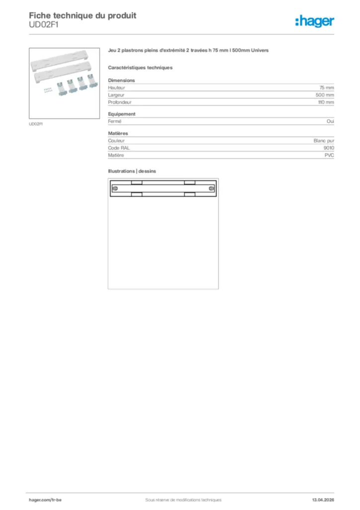 Image Hager Fiche technique du produit UD02F1 | Hager Belgique
