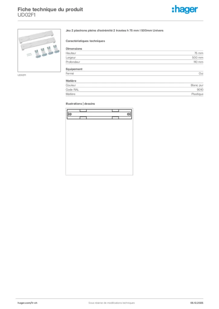 Image Hager Fiche technique du produit UD02F1 | Hager Suisse