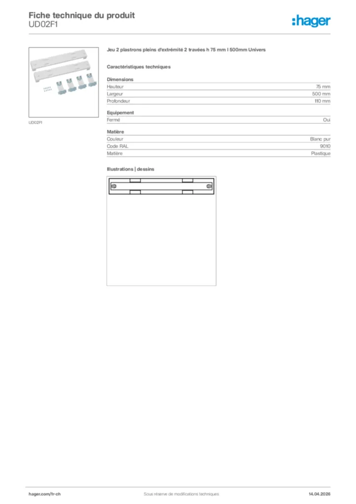 Image Hager Fiche technique du produit UD02F1 | Hager Suisse