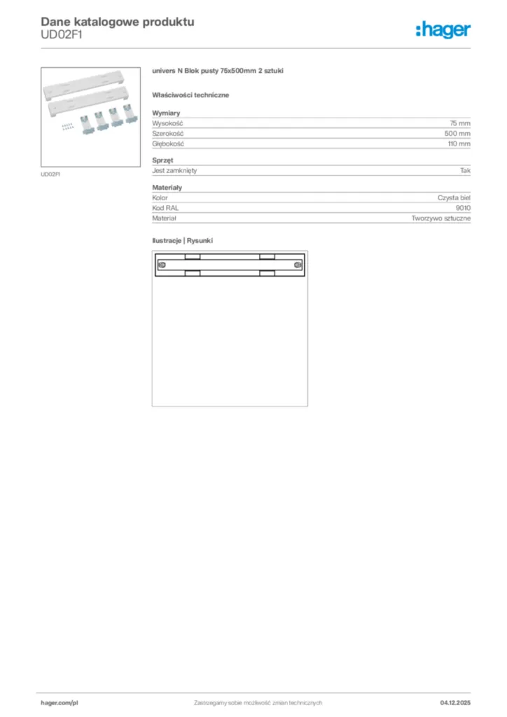 Zdjęcie Hager Karta katalogowa UD02F1 | Hager Polska