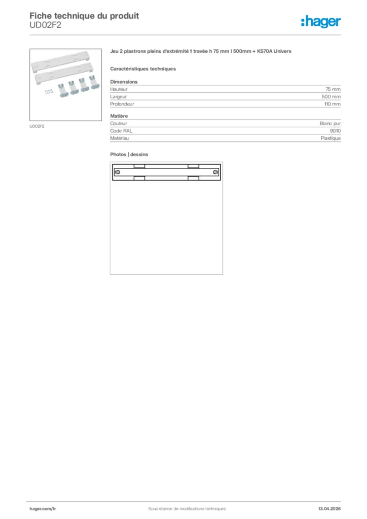 Image Hager Fiche technique du produit UD02F2 | Hager France