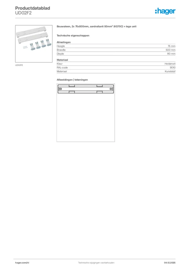 Afbeelding Hager Productdatablad UD02F2 | Hager Nederland