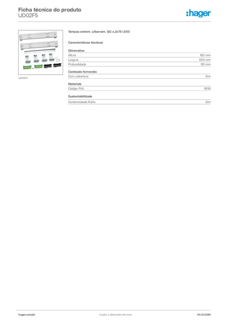 Imagem Hager Ficha técnica do produto UD02F5 | Hager Portugal