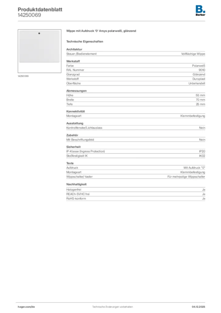 Bild Berker Produktdatenblatt 14250069 | Hager Deutschland