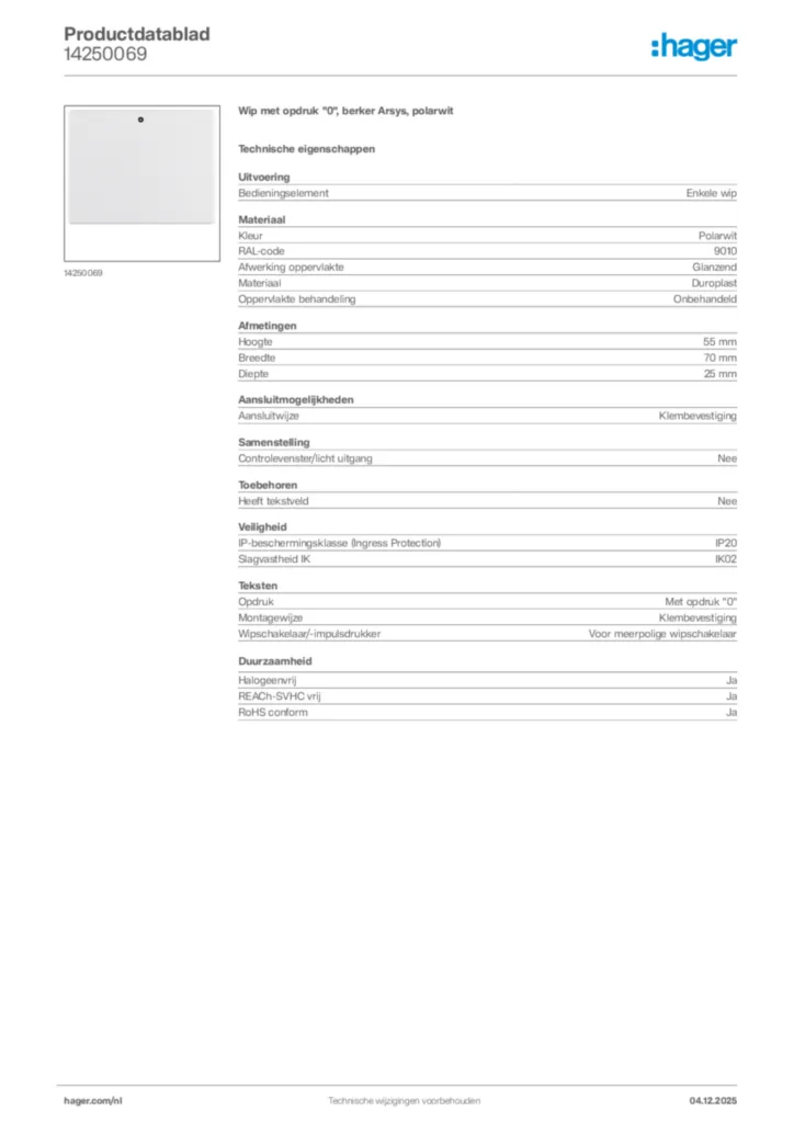 Afbeelding Hager Productdatablad 14250069 | Hager Nederland