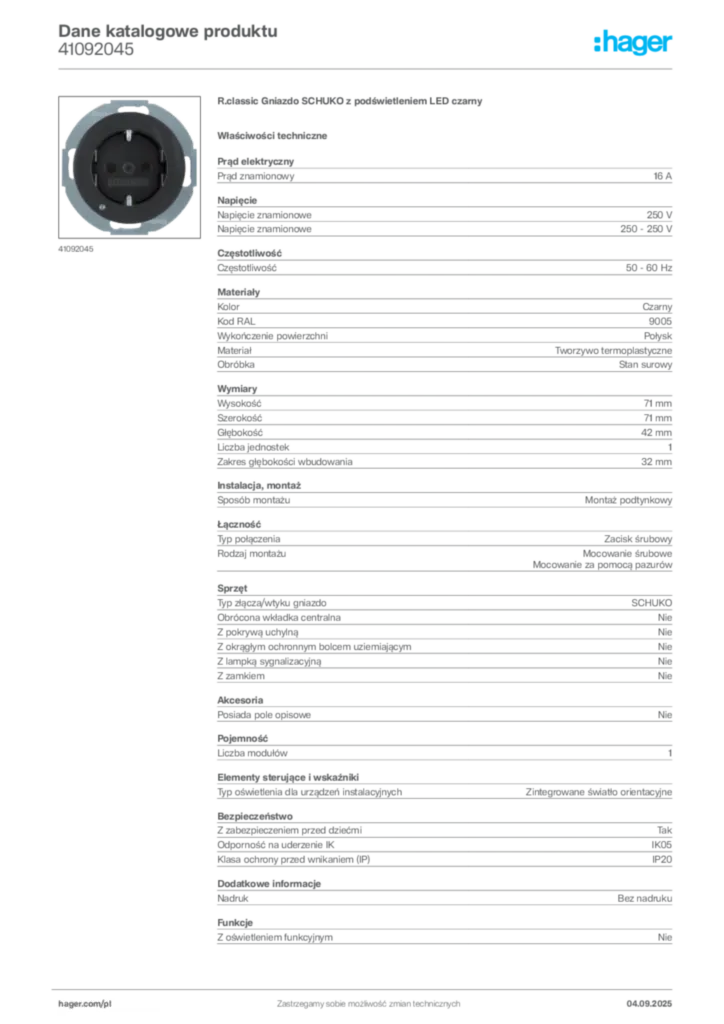 Zdjęcie Hager Dane katalogowe produktu 41092045 | Hager Polska