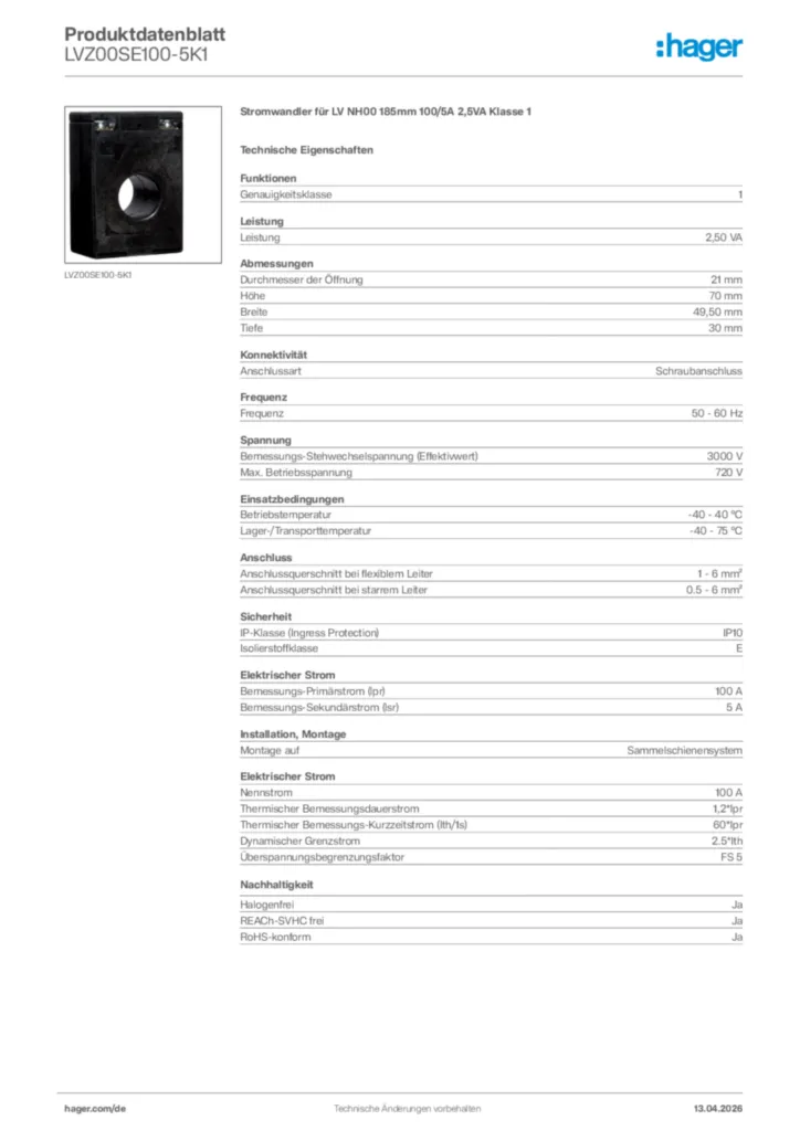 Bild Hager Produktdatenblatt LVZ00SE100-5K1 | Hager Deutschland