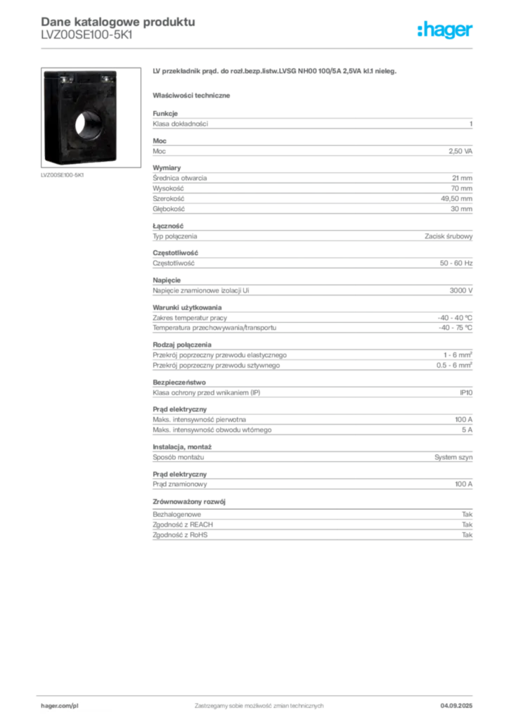 Zdjęcie Hager Dane katalogowe produktu LVZ00SE100-5K1 | Hager Polska