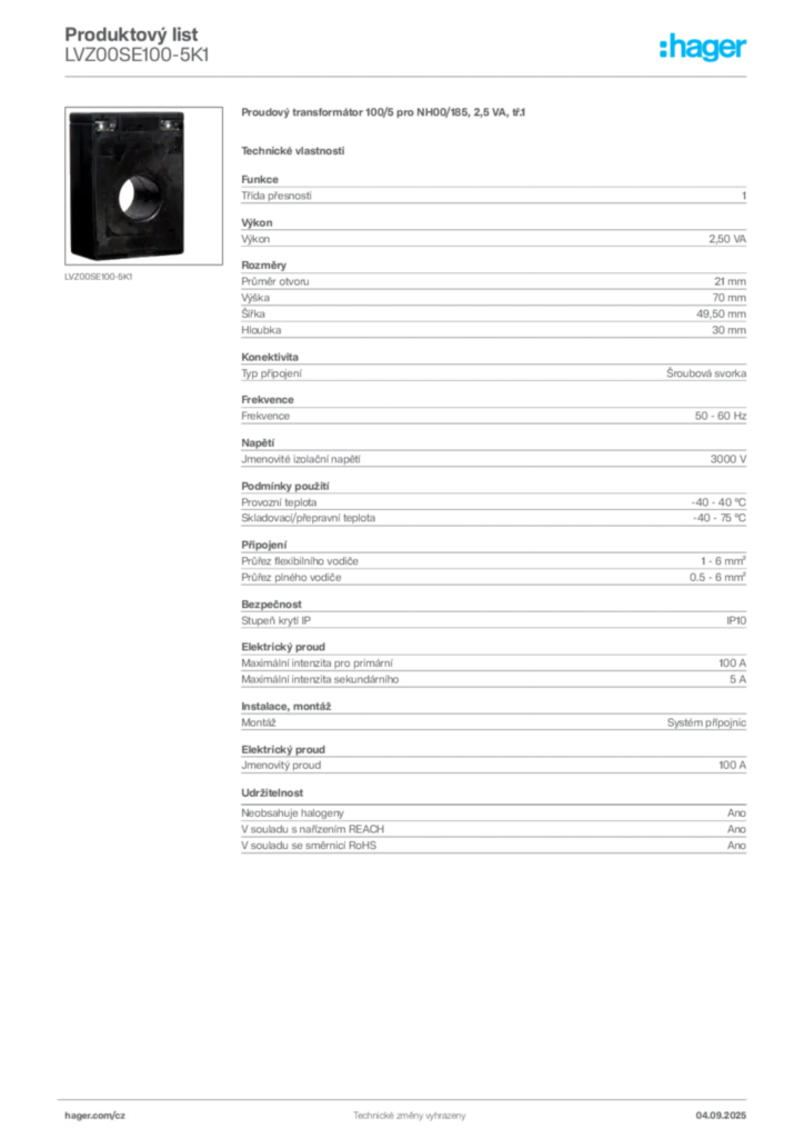 Obrázek Hager Produktový list LVZ00SE100-5K1 | Hager