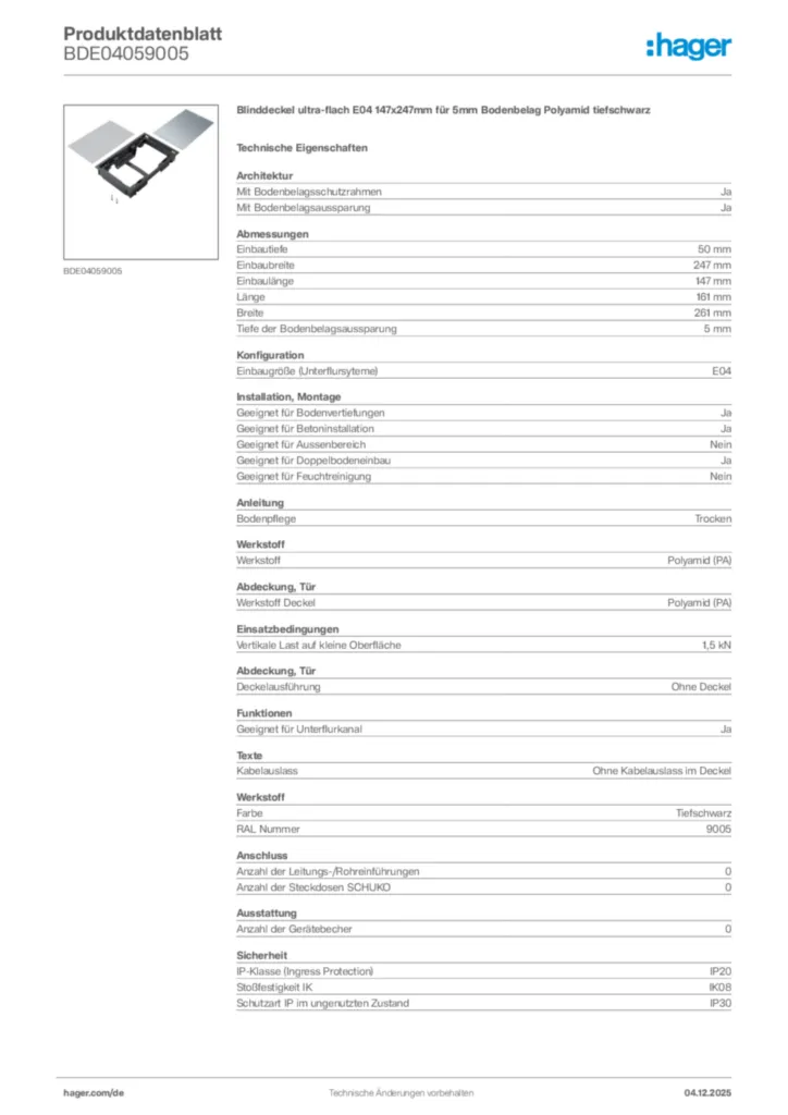 Bild Hager Produktdatenblatt BDE04059005 | Hager Deutschland