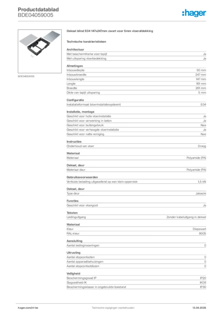 Afbeelding Hager Productdatablad BDE04059005 | Hager Belgium