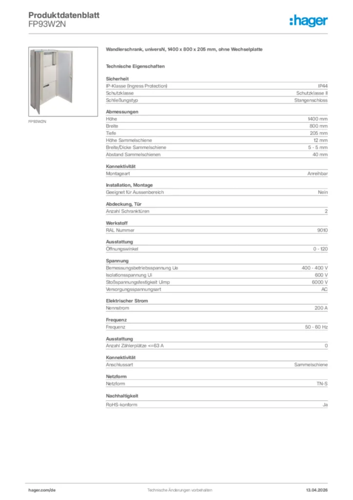 Bild Hager Produktdatenblatt FP93W2N | Hager Deutschland