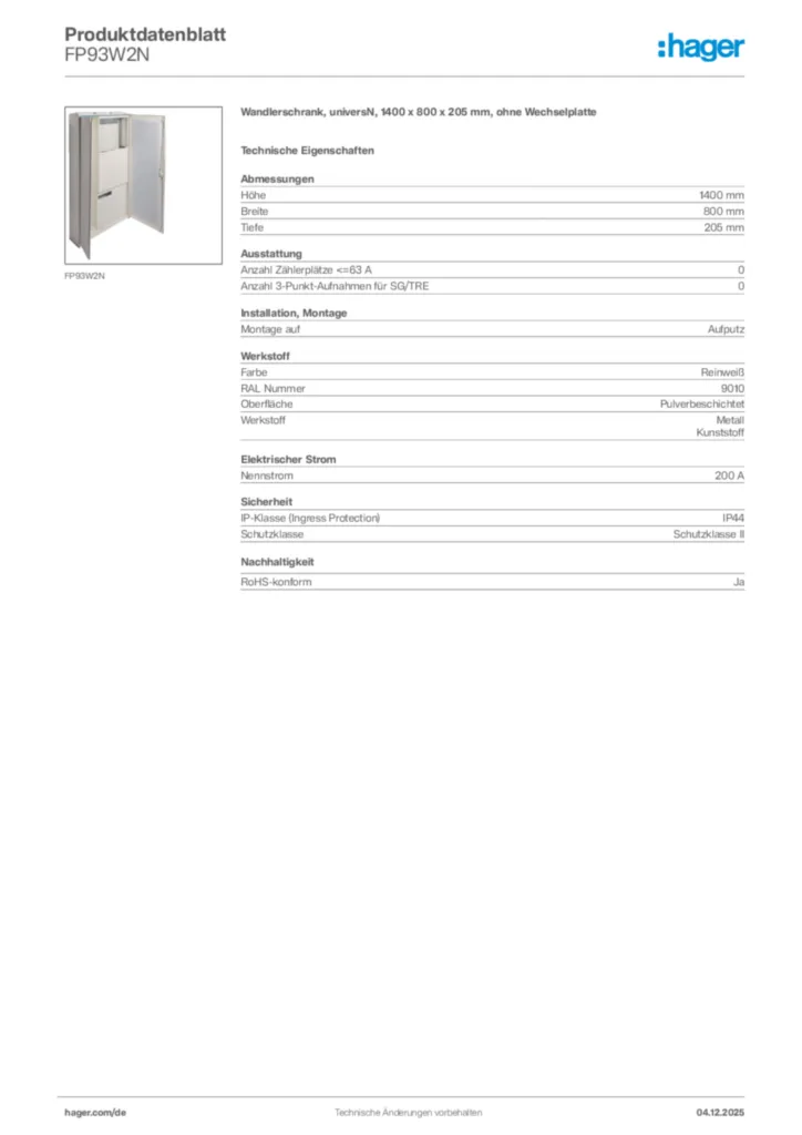 Bild Hager Produktdatenblatt FP93W2N | Hager Deutschland