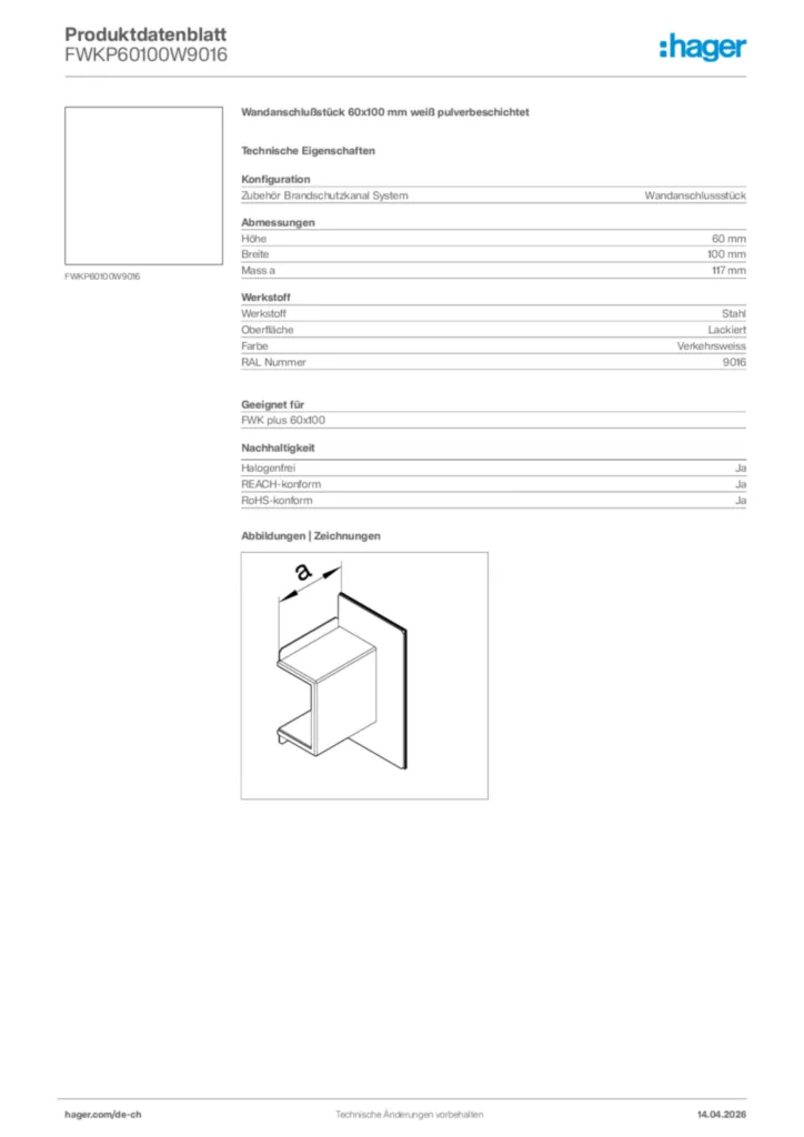 Bild Hager Produktdatenblatt FWKP60100W9016 | Hager Schweiz