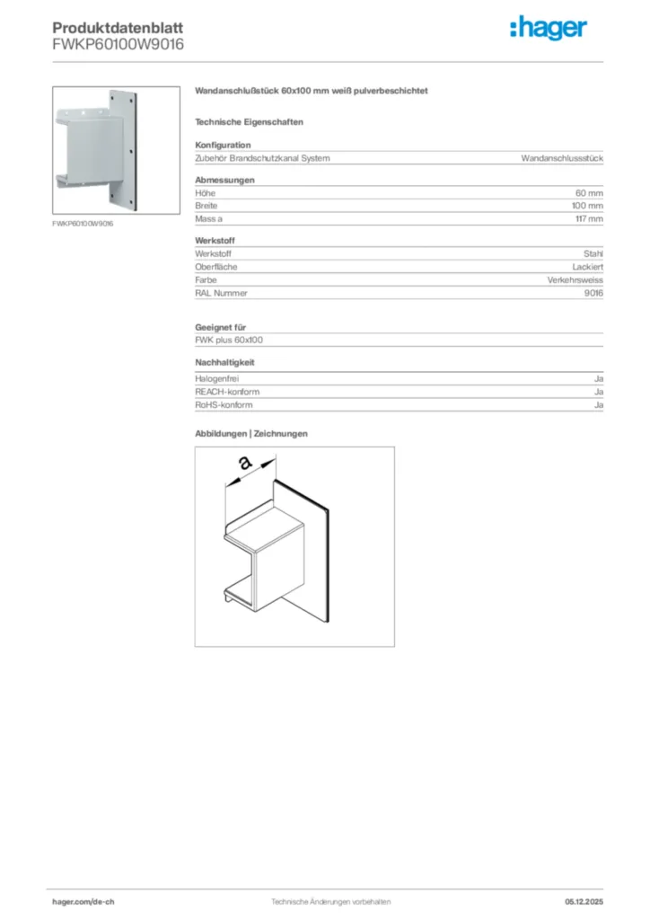 Bild Hager Produktdatenblatt FWKP60100W9016 | Hager Schweiz