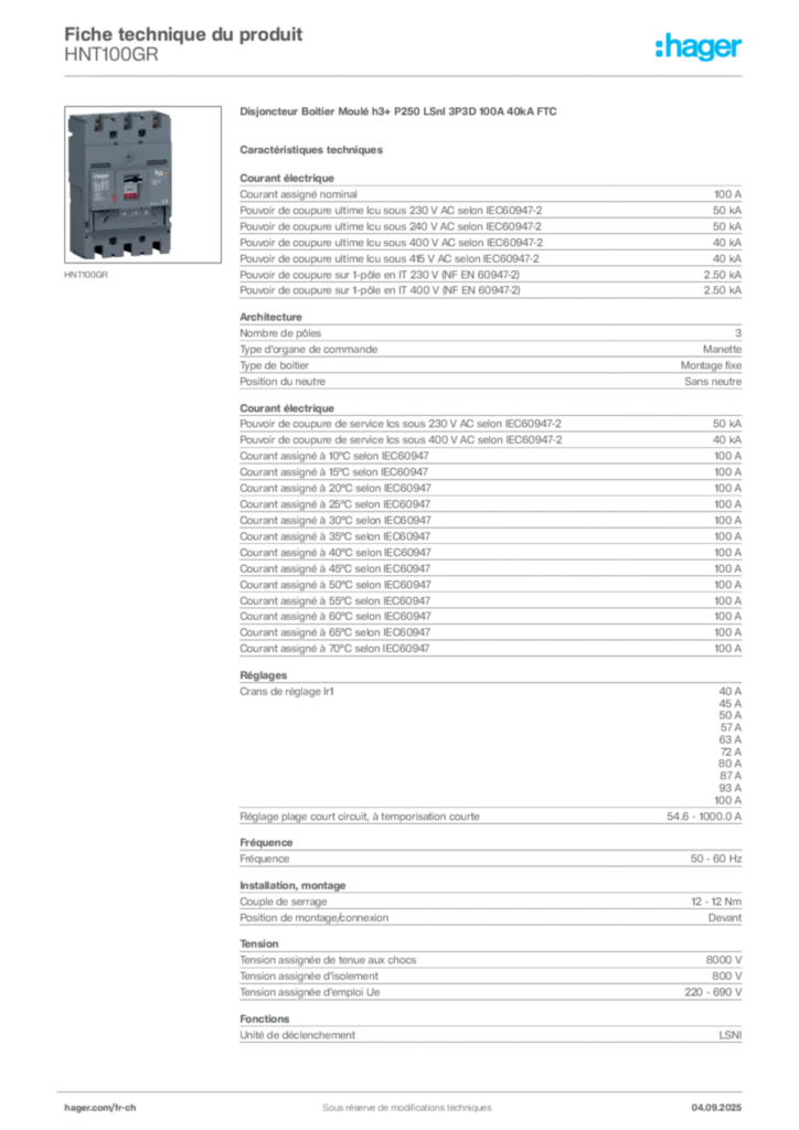 Image Hager Fiche technique du produit HNT100GR | Hager Suisse