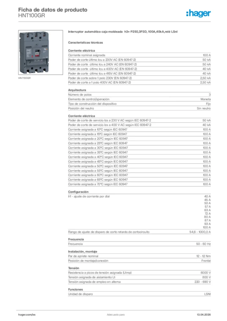 Imagen Hager Ficha de datos de producto HNT100GR | Hager España