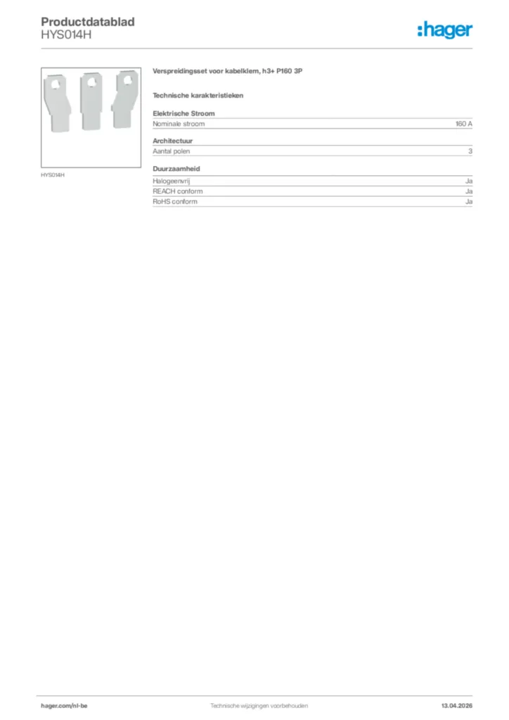 Afbeelding Hager Productdatablad HYS014H | Hager Belgium