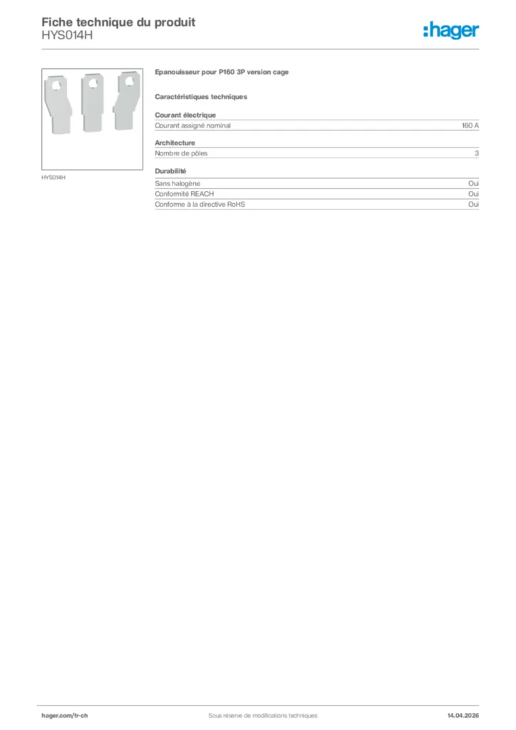 Image Hager Fiche technique du produit HYS014H | Hager Suisse