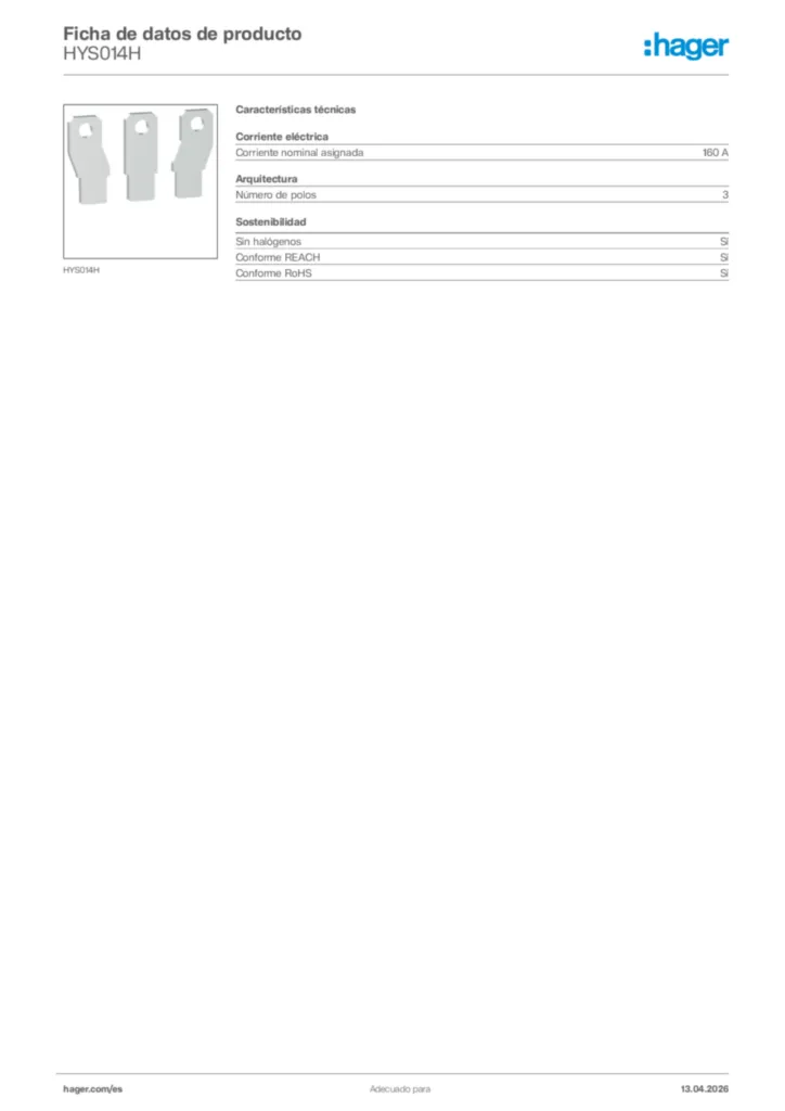 Imagen Hager Ficha de datos de producto HYS014H | Hager España