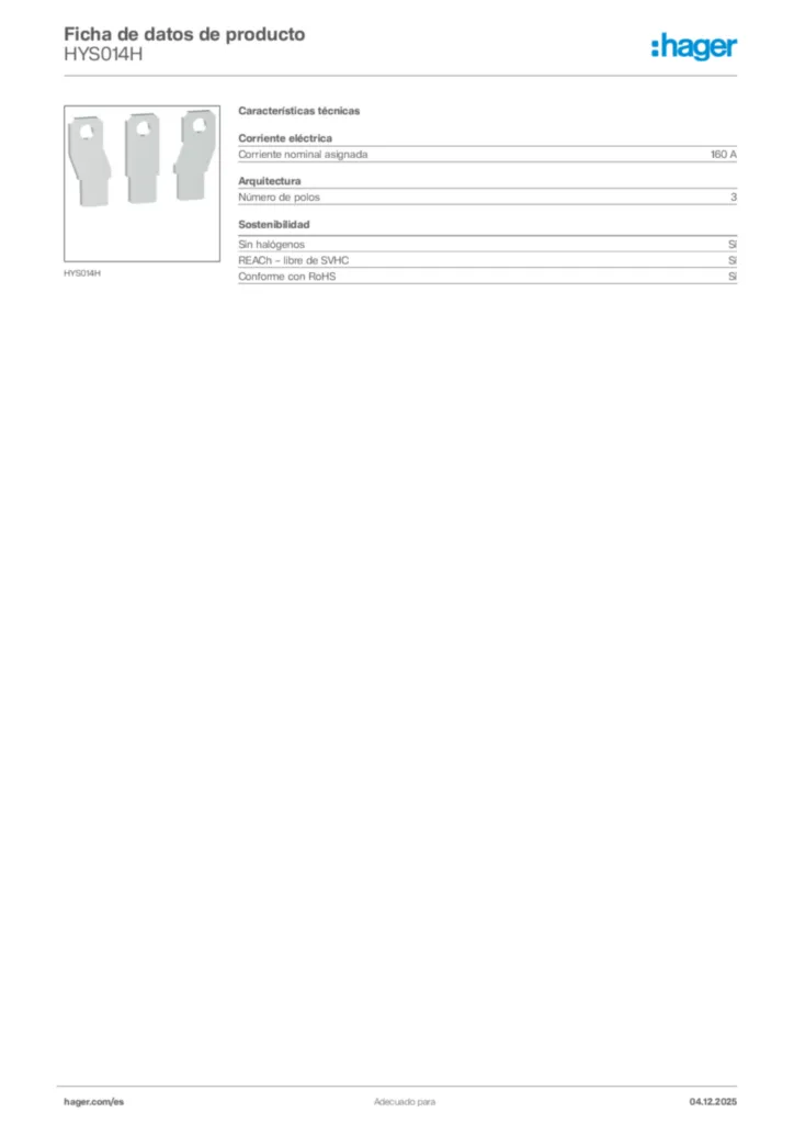 Imagen Hager Ficha de datos de producto HYS014H | Hager España