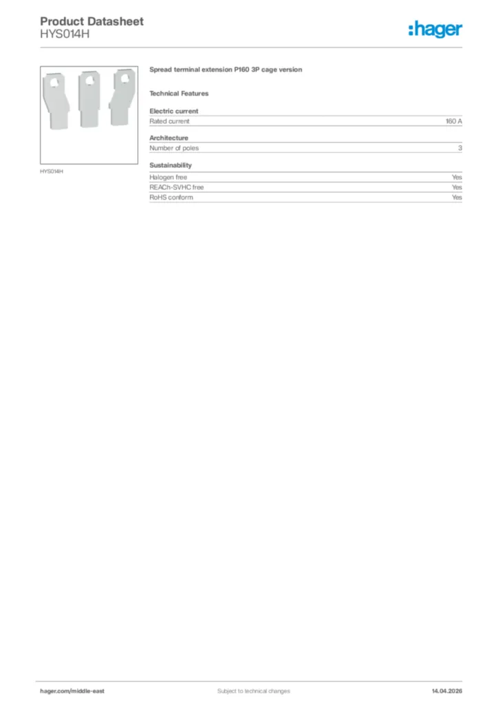Image Hager Product data sheet HYS014H  | Hager