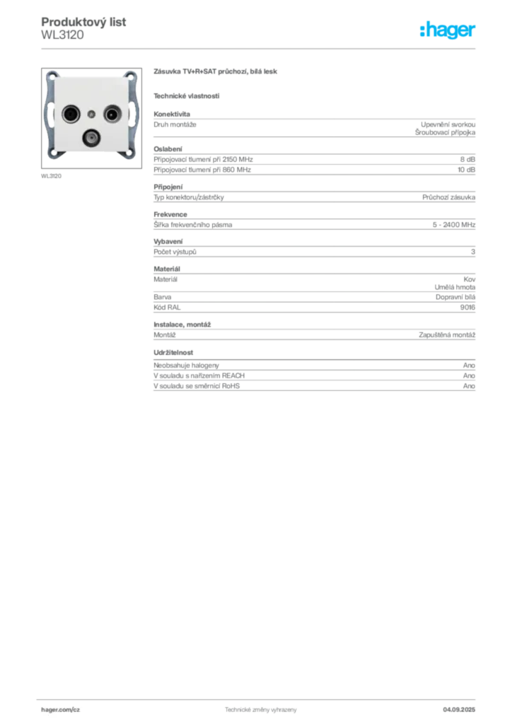 Obrázek Hager Produktový list WL3120 | Hager