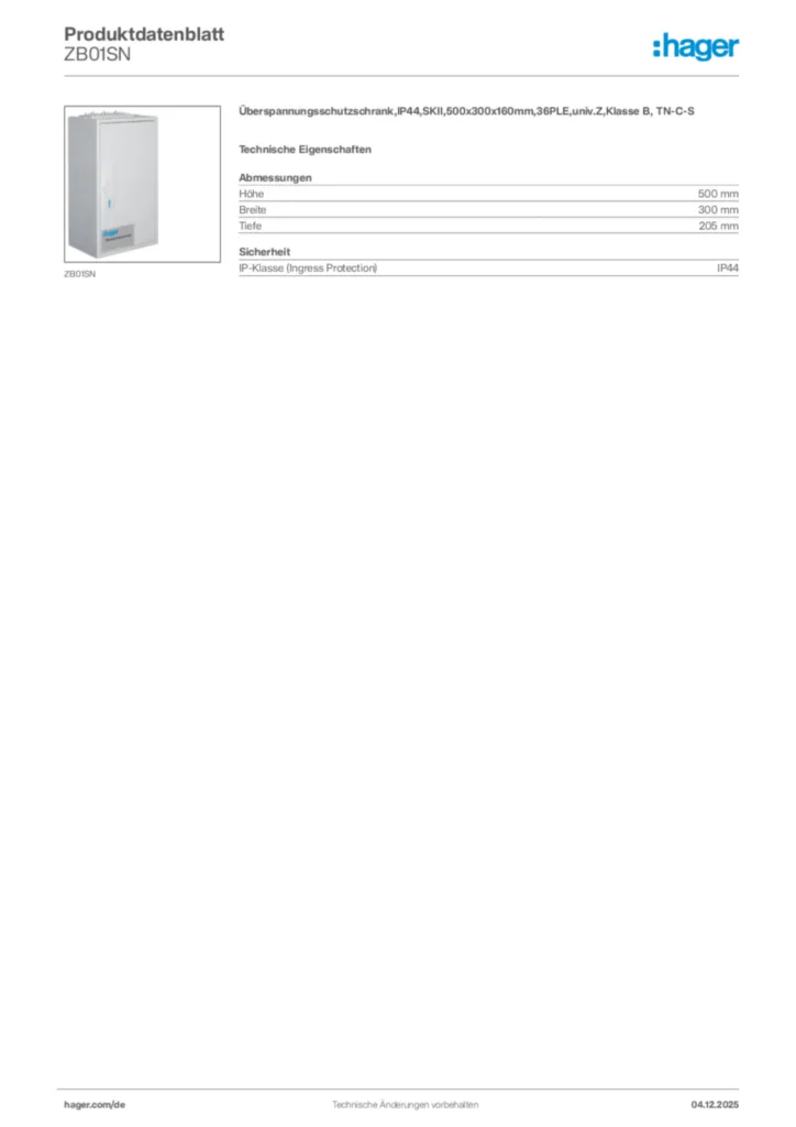 Bild Hager Produktdatenblatt ZB01SN | Hager Deutschland