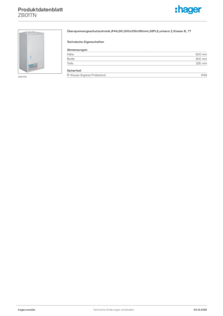 Bild Hager Produktdatenblatt ZB01TN | Hager Deutschland