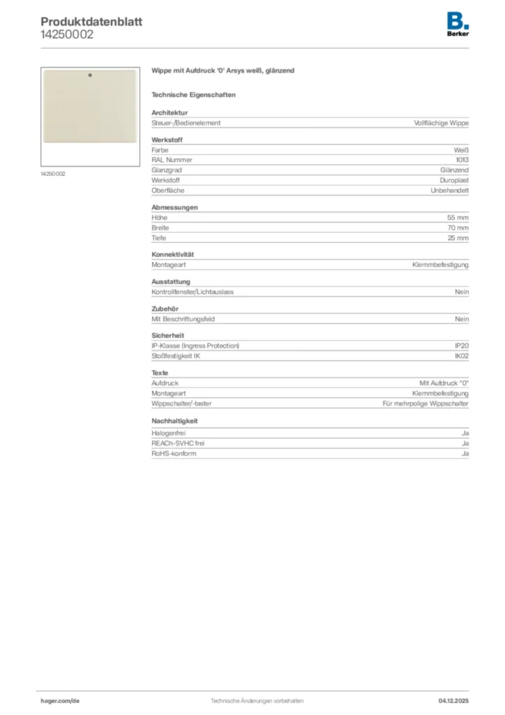 Bild Berker Produktdatenblatt 14250002 | Hager Deutschland