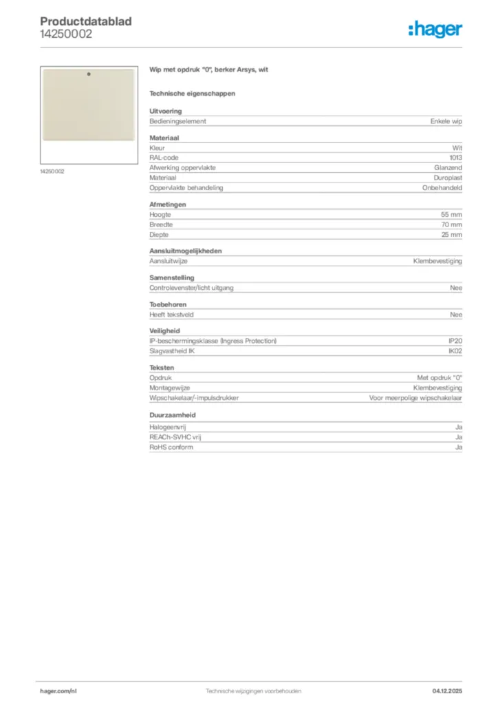Afbeelding Hager Productdatablad 14250002 | Hager Nederland