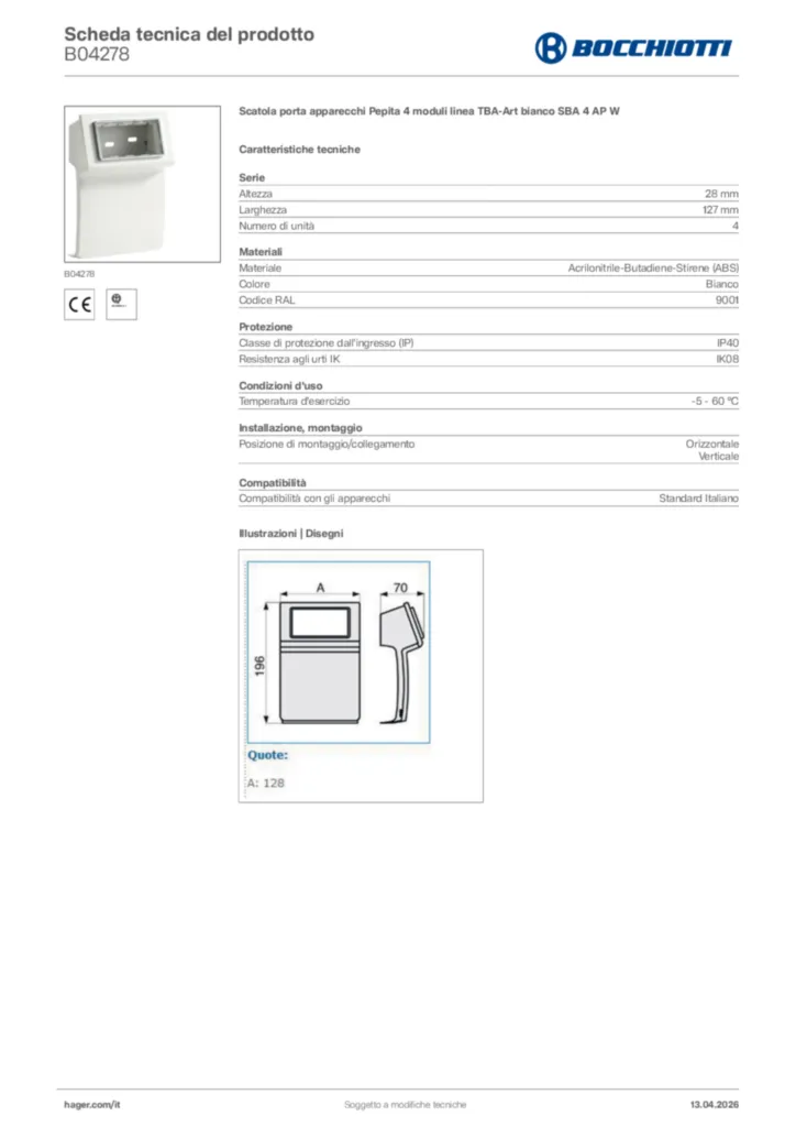 Immagine Bocchiotti Scheda tecnica del prodotto B04278 | Hager Italia