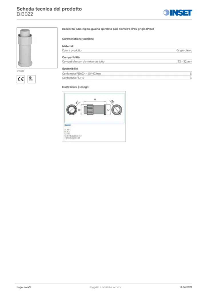 Immagine Inset Scheda tecnica del prodotto B13022 | Hager Italia
