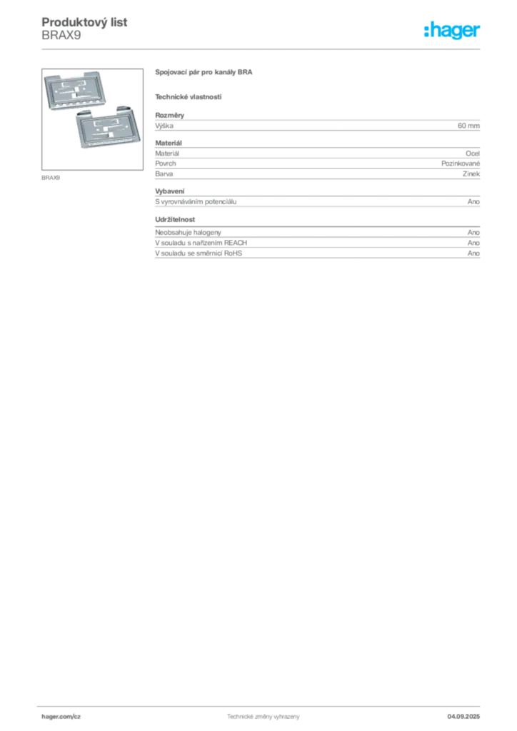 Obrázek Hager Produktový list BRAX9 | Hager