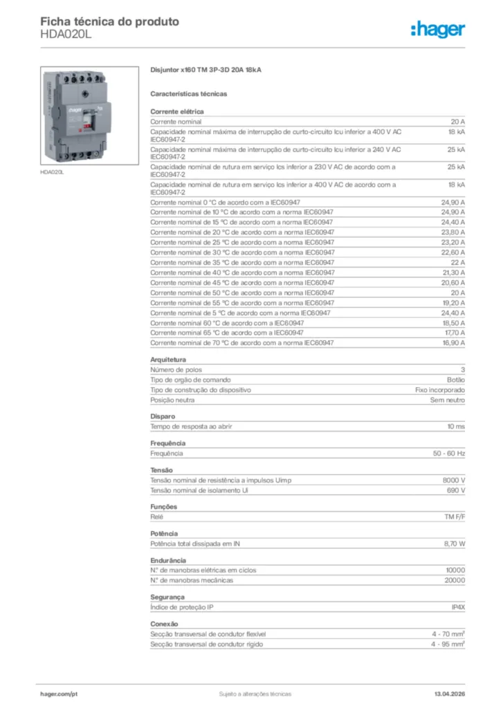 Imagem Hager Ficha técnica do produto HDA020L | Hager Portugal