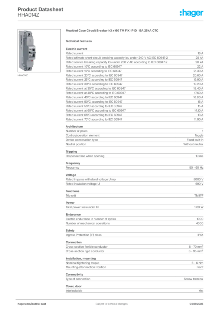 Image Hager Product data sheet HHA014Z  | Hager