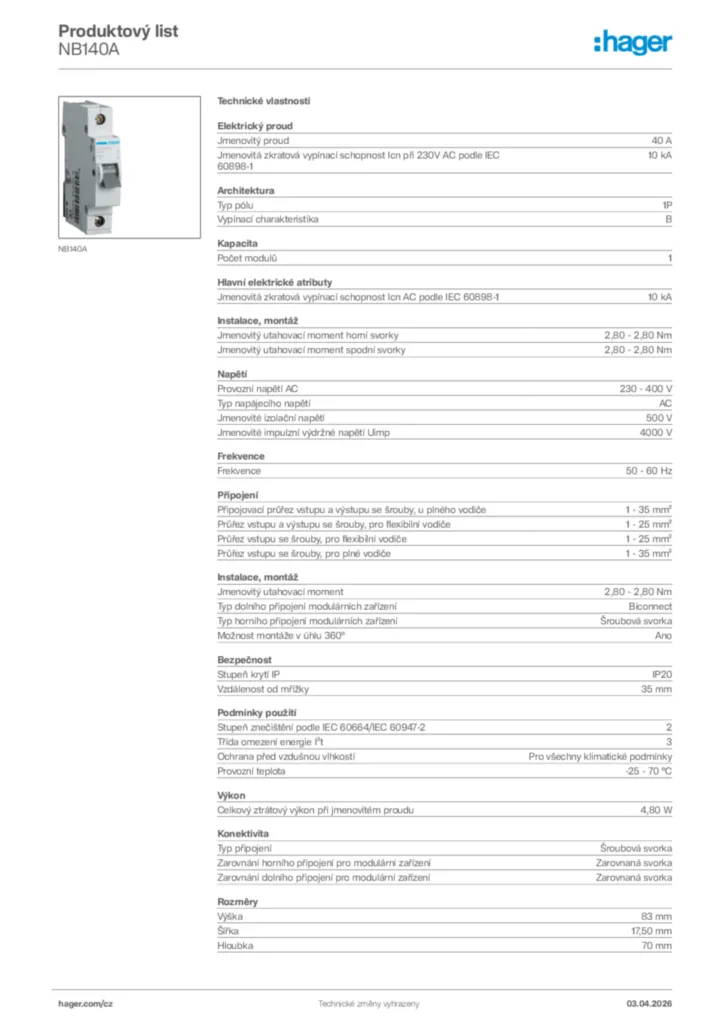 Obrázek Hager Product data sheet NB140A | Hager