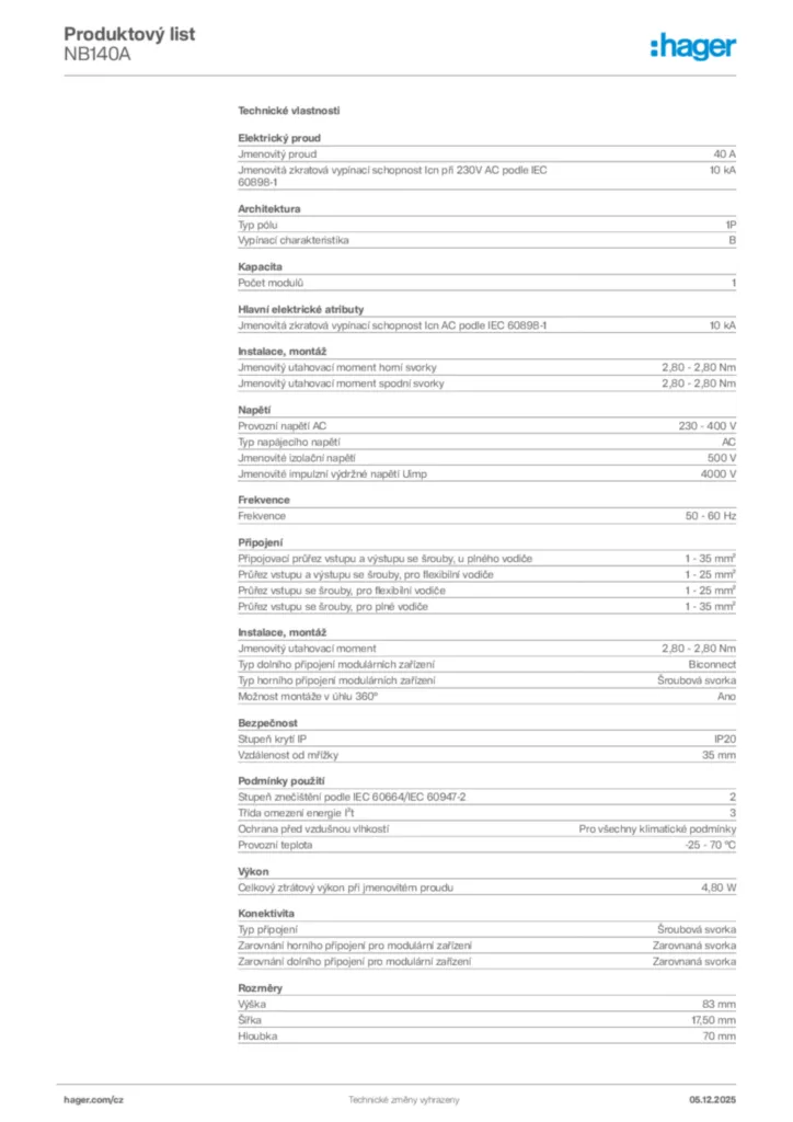 Obrázek Hager Produktový list NB140A | Hager