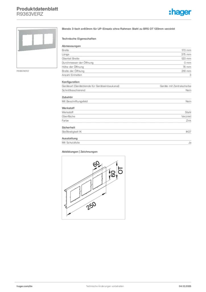 Bild Hager Produktdatenblatt R9363VERZ | Hager Deutschland