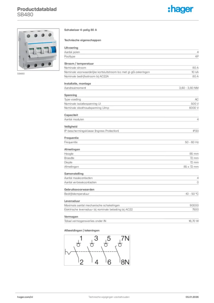 Afbeelding Hager Productdatablad SB480 | Hager Nederland