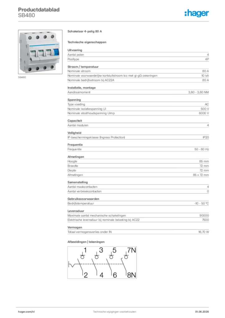 Afbeelding Hager Productdatablad SB480 | Hager Nederland