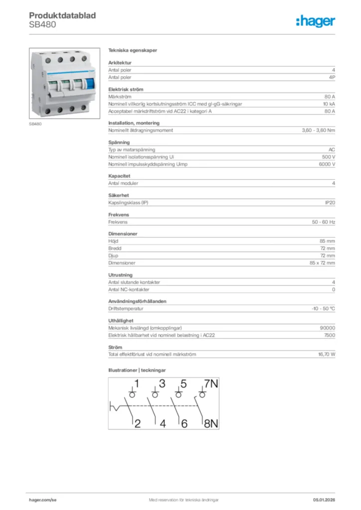 Bild Hager Produktdatablad SB480 | Hager Sverige