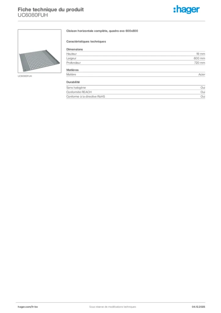 Image Hager Fiche technique du produit UC6080FUH | Hager Belgique
